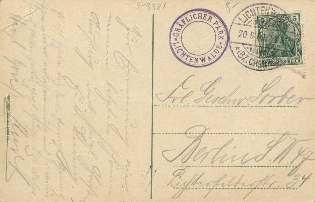 Alte Postkarte mit einer Briefmarke, die "Lichtenwald, Deutschland - Brief nach Deutschland" zeigt, mit handgeschriebener Schrift und zwei zusätzlichen Briefmarken in der oberen rechten Ecke.