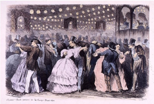 Eine Gruppe von Menschen, die in einem Ballsaal tanzen, mit Wänden, beleuchtet von Lichtern, mit Text unten: 'Madame Baille Nacional en la Campagne Bleuet, 1860'.