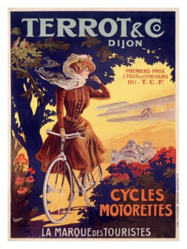 Ein Plakat, das eine Fahrradtour in Frankreich ankündigt und eine Frau zeigt, die ein Fahrrad zwischen Bäumen, Blumen und anderen Menschen fährt, mit Text, der die Tour beschreibt.