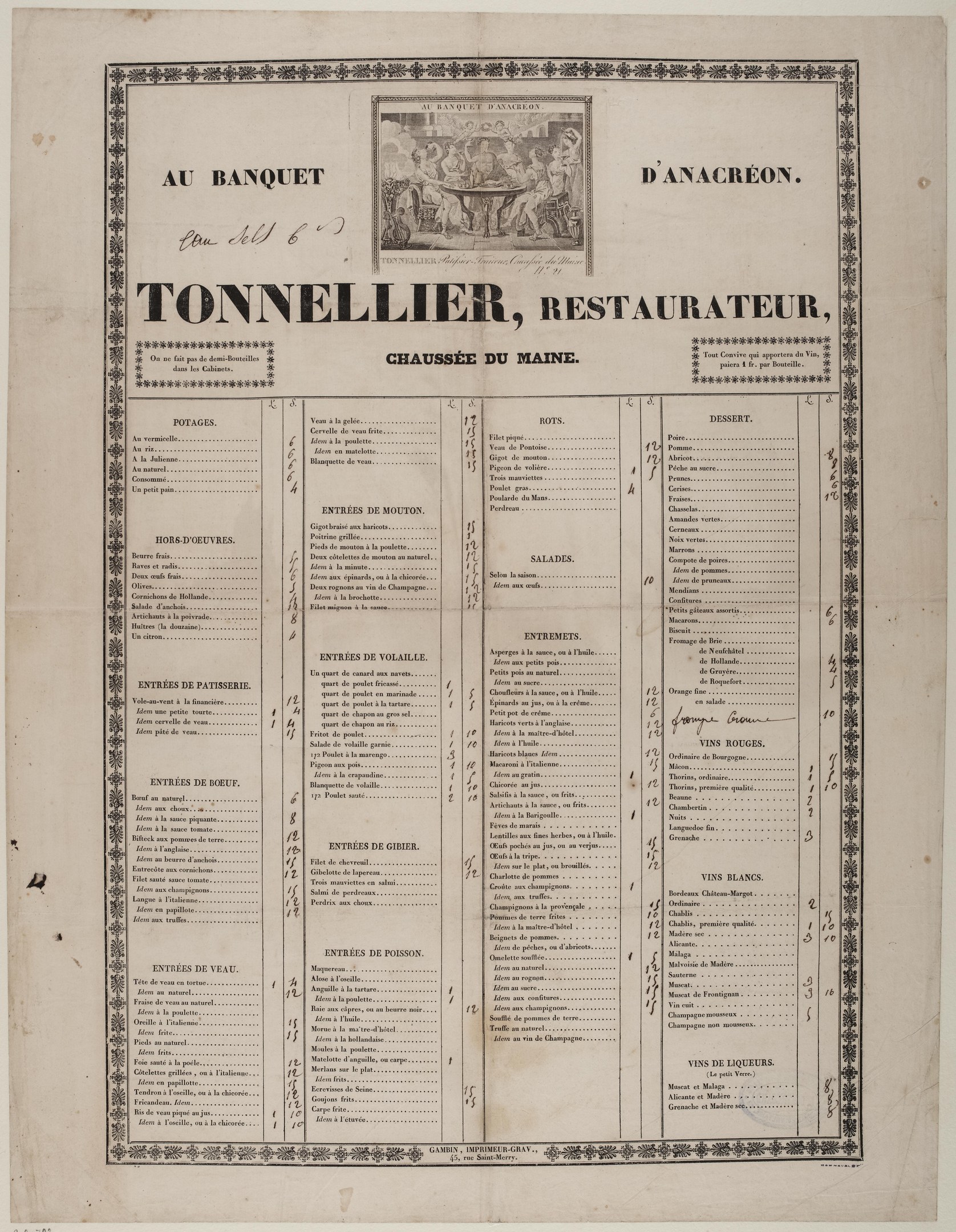 Ein altes Buch mit einer Restaurant Speisekarte, das Text und ein Bild enthält, das die Angebote des Restaurants beschreibt.