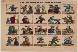 Ein Papier mit leuchtenden, detaillierten Bildern von Menschen in farbenfrohen Kost├╝men des Pariser Karnevals, darunter Feder- und aufwendige Kopfschmuck, mit fetter Schrift.