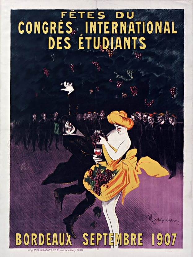 Ein Vintage-Plakat aus dem Jahr 1907, das ein Weinprobe-Event in Bordeaux, Frankreich, bewirbt, mit einer Frau in einem gelben Kleid, die ein Glas Wein hält, umgeben von einer Gruppe von Menschen, mit Text, der das Event beschreibt.