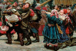 Gemälde von Menschen in traditioneller russischer Kleidung, die fröhlich vor einer Menge tanzen, einige halten Gegenstände, mit einem hölzernen Haus im Hintergrund, das eine Szene aus der russischen Revolution heraufbeschwört.