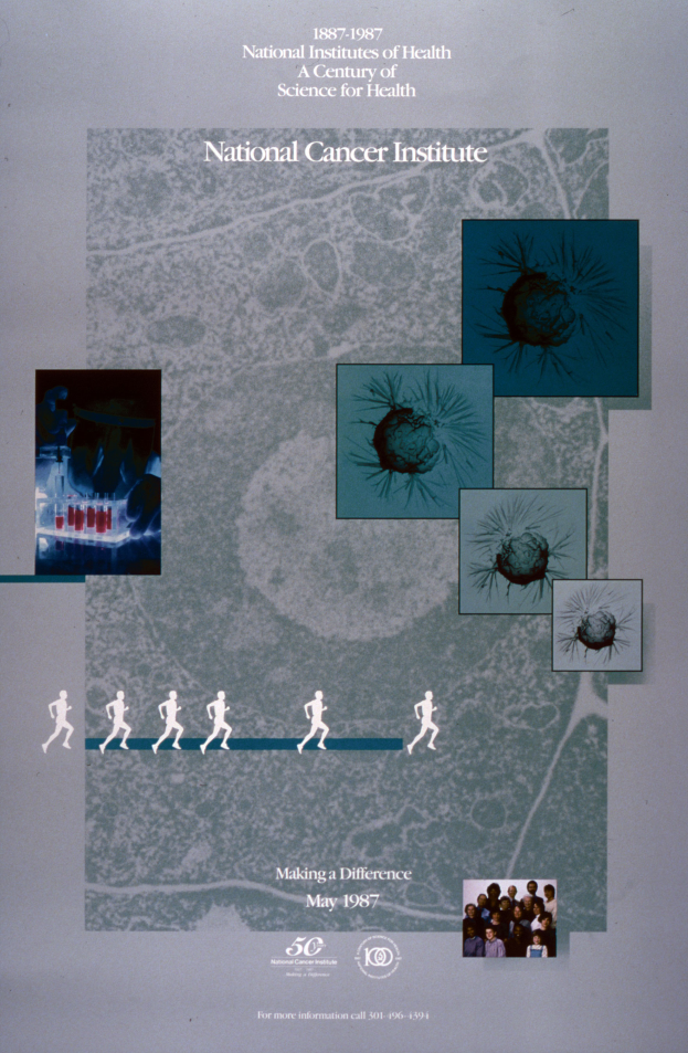 Ein buntes Plakat mit einem blauen Hintergrund und weißer Schrift, die in fetten, großen Buchstaben "National Cancer Institute" lautet, umgeben von einer kreisförmigen Anordnung von lächelnden Menschen verschiedenen Alters, Geschlechts und Ethnien.