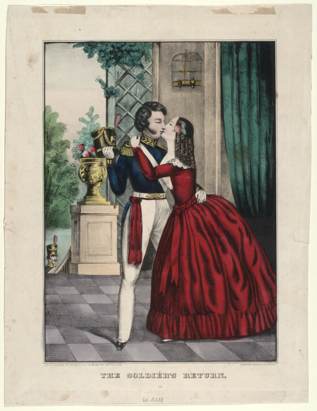 Ein Mann und eine Frau in einem roten Kleid umarmen und küssen sich vor einem Fenster, mit einem Blumenstrauß auf einem Sockel im Vordergrund, Bäumen im Hintergrund und einem Vorhang auf der rechten Seite; Text ist unten im Bild sichtbar.