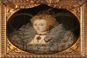 Porträt der Queen Elizabeth I. von England in einem weißen Kleid mit einer blauen Schärpe, die eine Krone trägt und ihre Hände vor der Brust verschränkt, gemalt im realistischen Stil mit leuchtenden Farben.