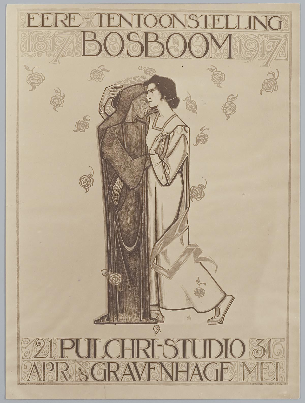 Ein Konzertplakat mit einem Mann im Anzug und einer Frau in einer Schürze, die nebeneinander stehen und ernst schauen, Text auf dem Plakat sichtbar.