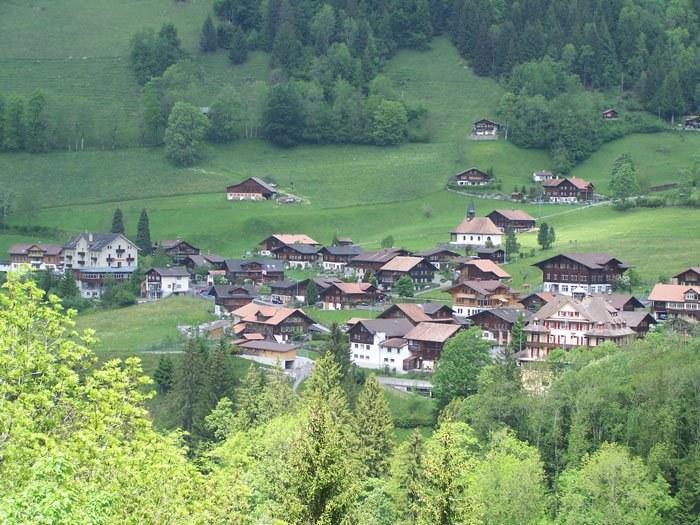 Kleines Dorf mit bunten Häusern umgeben von Bäumen und Gras in einer grünen Talsenke.