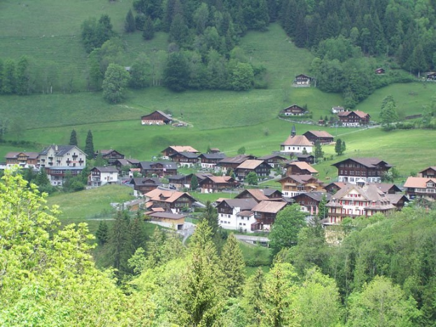 Kleines Dorf mit bunten Häusern umgeben von Bäumen und Gras in einer grünen Talsenke.