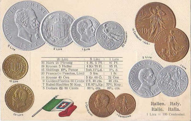 Eine Sammlung italienischer Münzen von 1877 bis 1910, darunter mehrere 20-Lire-Münzen, auf Papier angeordnet mit italienischen Flaggen unten.