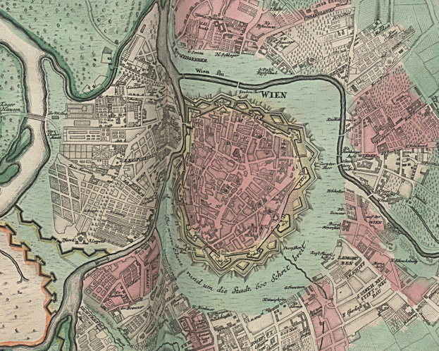 Alte Karte von Wien, Deutschland, zeigt detaillierte Straßen, Gebäude und Sehenswürdigkeiten der Stadt.