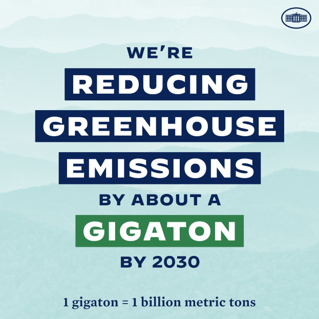 Ein Plakat mit Text und einem Logo, das "Wir reduzieren die Treibhausgasemissionen um etwa eine Gigatonne bis 2030" lautet.