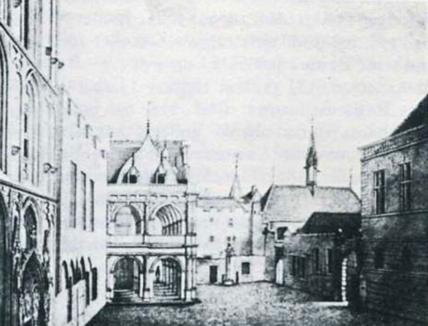 Schwarzes und weißes Foto einer 19. Jahrhundert-Stadtstraße in Brügge, Belgien, mit Gebäuden, Fenstern, Treppen und Himmel.