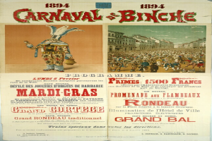 Ein Vintage-Plakat, das ein Karneval in Banche, Frankreich, ankündigt, mit Illustrationen von Menschen, Gebäuden und Text.