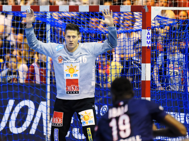 Handballspieler mit erhobenen Armen vor einem Tor, umgeben von Zuschauern bei der Futsal-Weltmeisterschaft 2019, mit einem Banner und Netz im Bild.