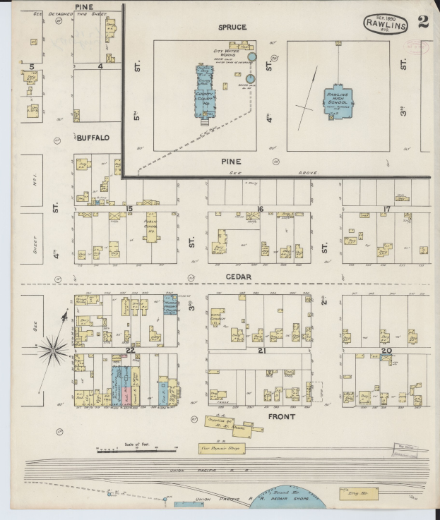 Alte Karte von San Francisco, Kalifornien, die das Rawlins-Schulbezirk mit gedrucktem Text zur Layout-Darstellung hervorhebt.