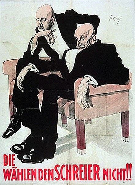 Deutsches Propagandaplakat für die NSDAP mit zwei Männern auf einem Sofa und Text mit parteirelevanten Informationen.