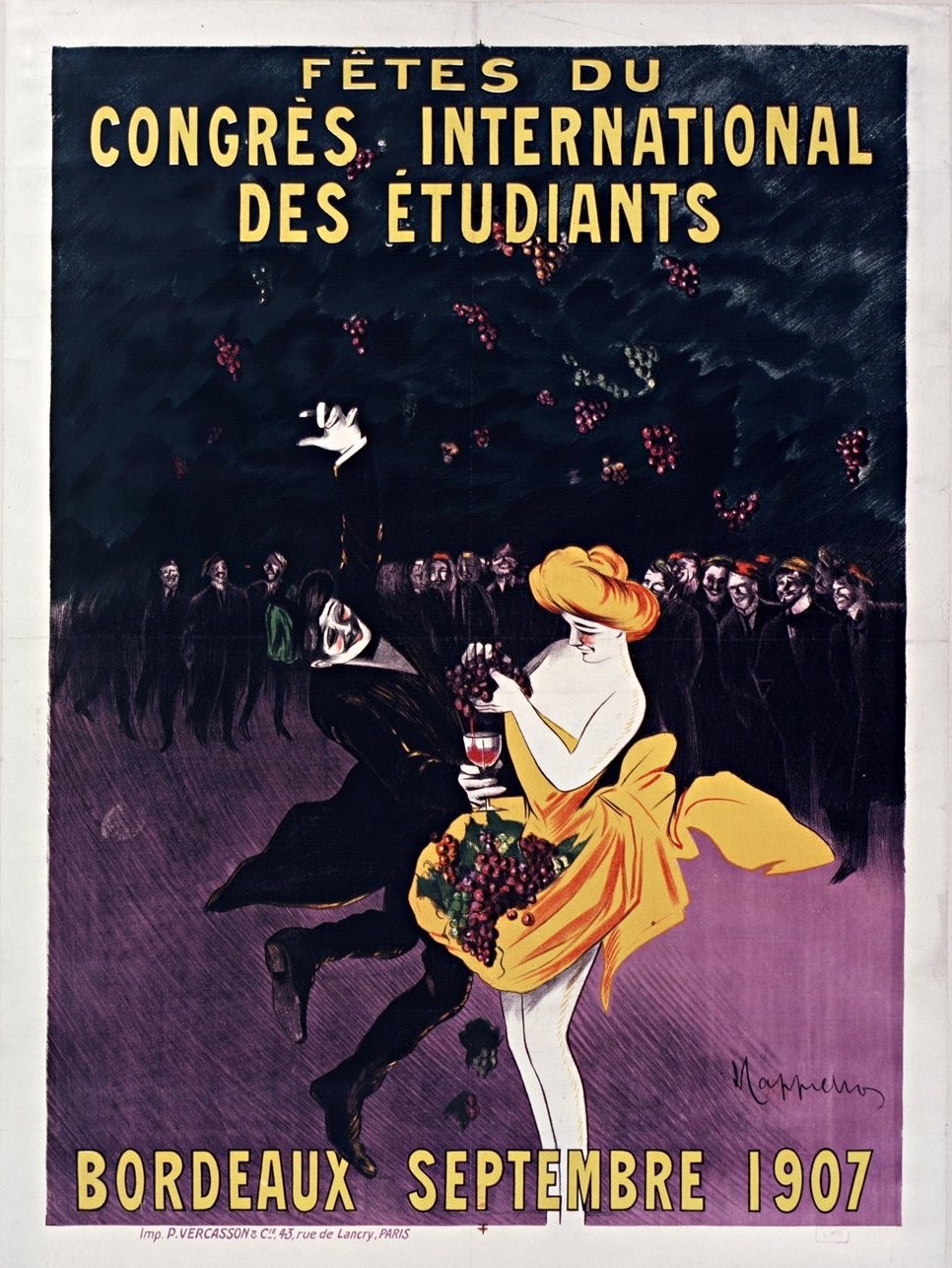 Plakat aus dem Jahr 1907 für eine Weinprobe in Bordeaux, Frankreich, mit einer Frau in gelbem Kleid, die ein Weinglas hält, umgeben von einer Menge, mit Text auf dem Plakat.