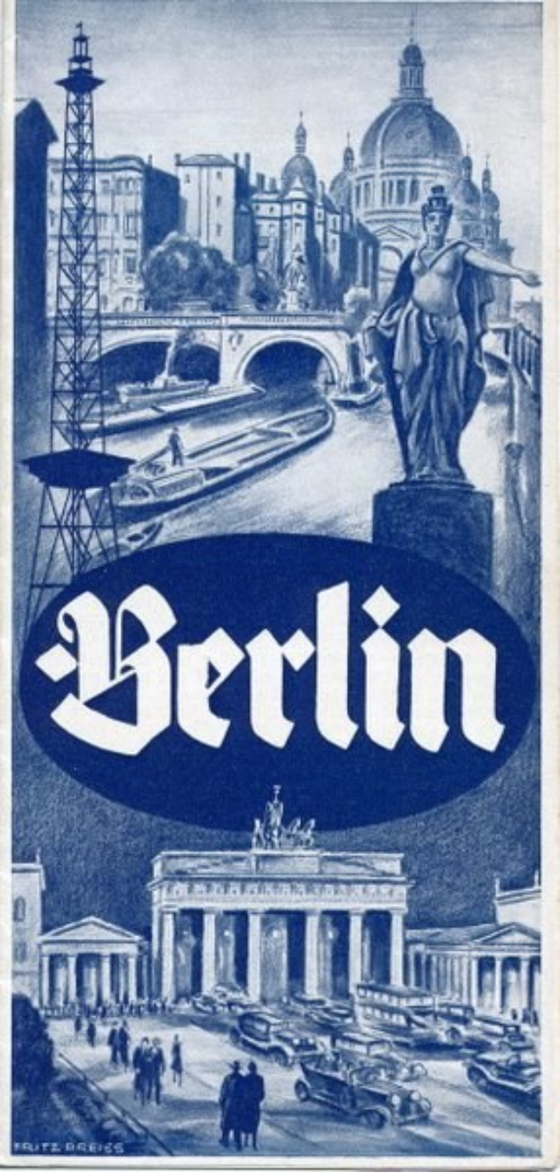 Plakat, das Berlin, Deutschland bewirbt, mit einer Statue, Gebäuden, einem Turm, Menschen, Fahrzeugen auf der Straße und einer Brücke, mit Text, der Informationen zur Stadt enthält.