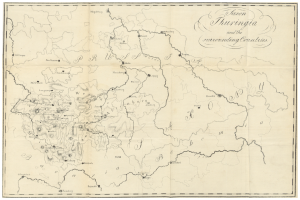 Eine Papierkarte des Königreichs Thüringen und der umliegenden Länder mit Text zur Detailierung der Grenzen und Länder.