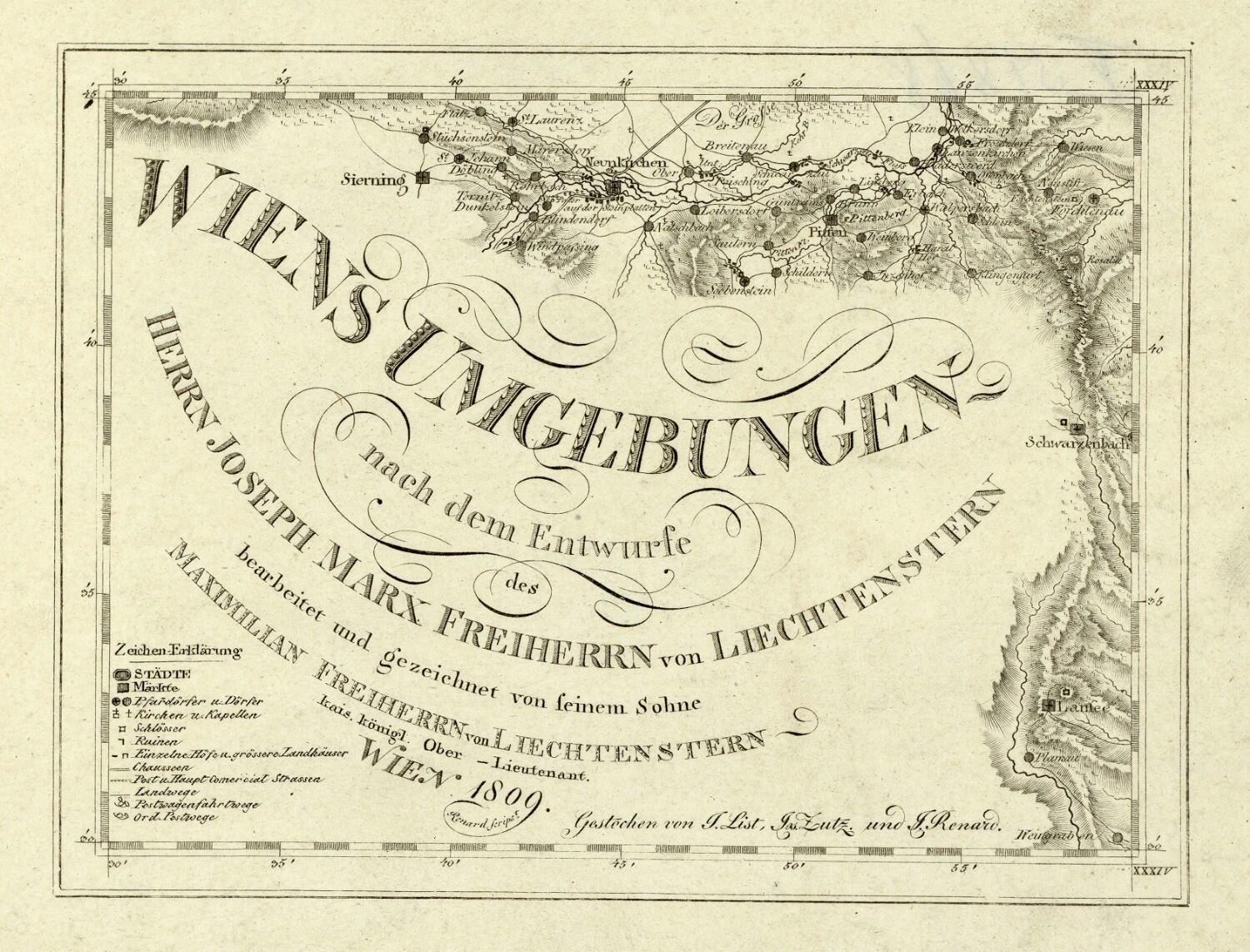 Detaillierte alte Karte von Wien, Deutschland, zeigt geografische Merkmale, Städte, Ortschaften und Textanmerkungen zur Bevölkerung, Straßen und Sehenswürdigkeiten.