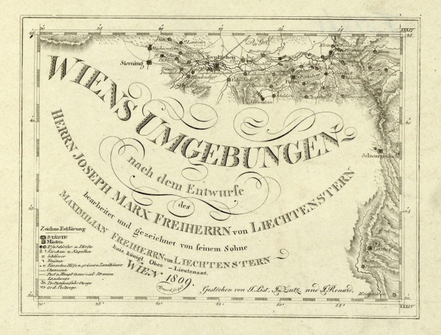 Detaillierte alte Karte von Wien, Deutschland, zeigt geografische Merkmale, Städte, Ortschaften und Textanmerkungen zur Bevölkerung, Straßen und Sehenswürdigkeiten.