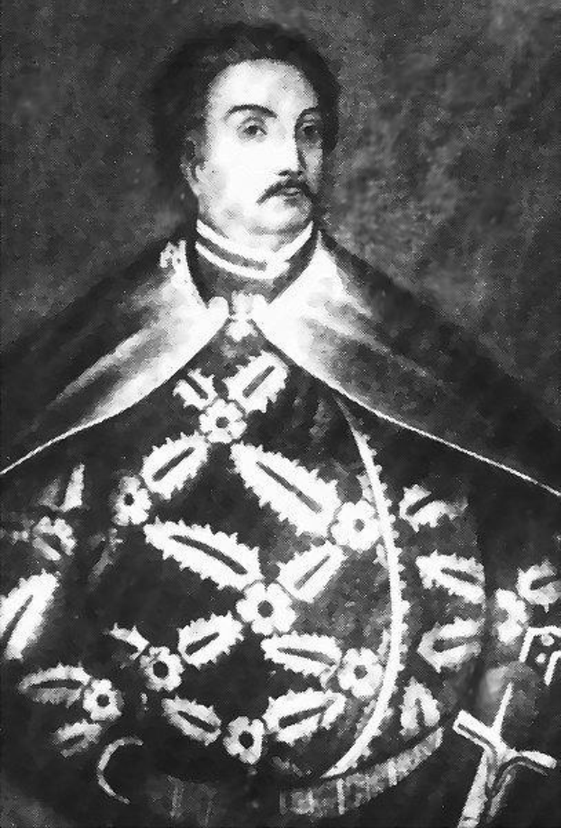 Schwarzes und weißes Foto von Papst Johannes Paul II. in Priesterrobe, der eine schwarze Robe mit weißem Kragen und Manschetten trägt und die Hände gefaltet hat, strenger Gesichtsausdruck.