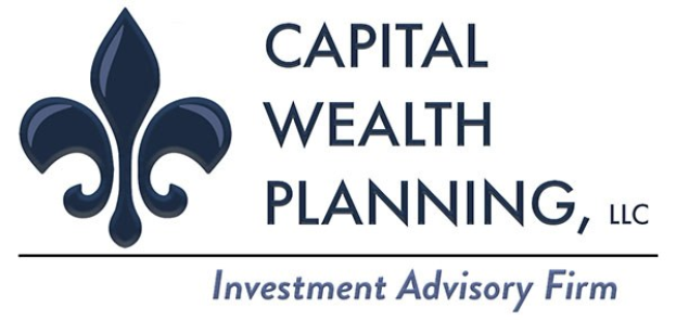 Logo der Capital Wealth Planning, LLC, eine Investmentberatungsfirma: ein blauer Kreis mit einer weißen Umrandung und einem weißen 'C' in der Mitte, umgeben von einem weißen Ring mit 'Capital Wealth Planning' in blau und 'Investment Advisory Firm' in weiß darunter.