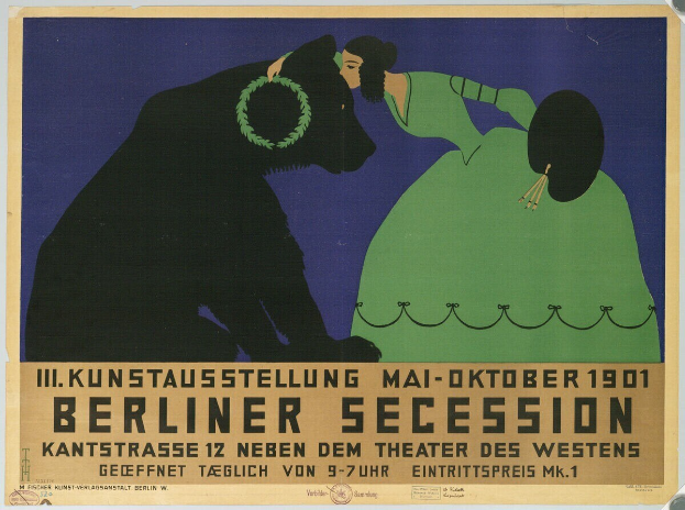Plakat für die Berliner Secession mit einer Frau in einem grünen Kleid und einem Mann in einem schwarzen Anzug, mit Text, der das Ereignis beschreibt.