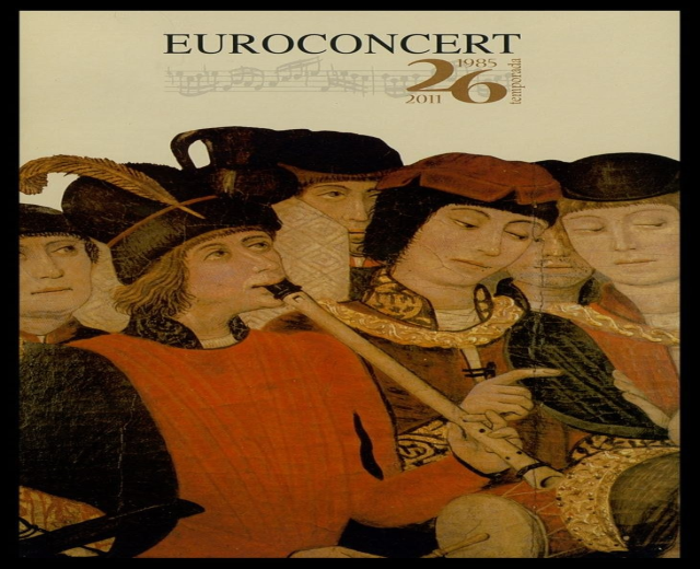 Plakat für das Europakonzert 26 mit einer Gruppe von Musikern, die Instrumente spielen und Veranstaltungdetails im Text.