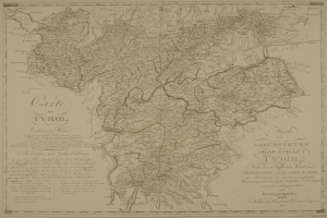 Ein detailliertes altes Stadtplan von Tirol, Deutschland, mit Städten, Ortschaften, geografischen Merkmalen und Text mit Informationen über Bevölkerung, Stra√en und Sehenswürdigkeiten.