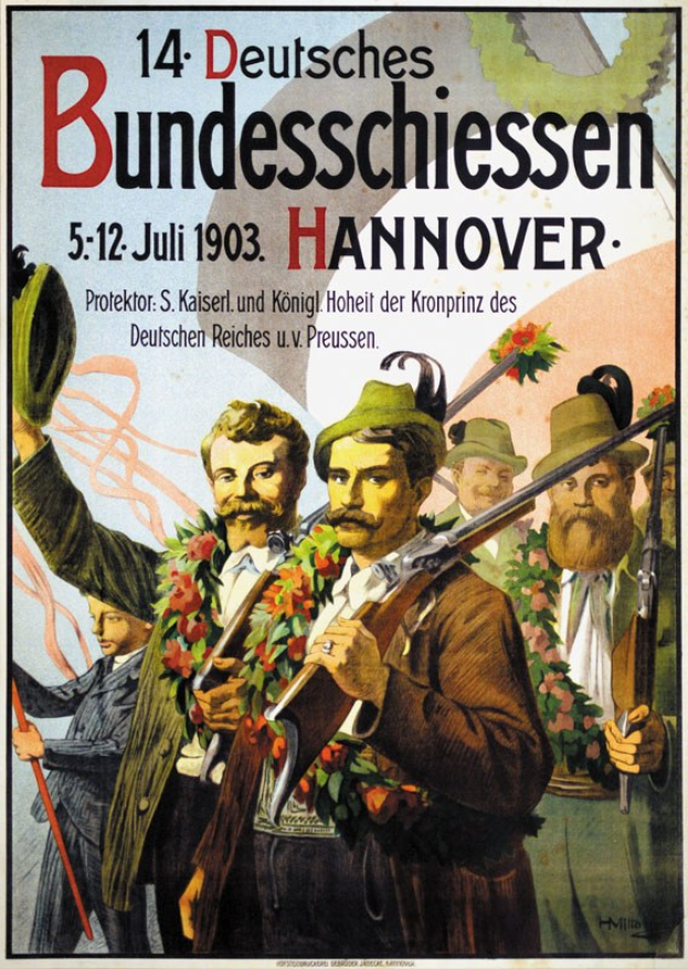 Deutsches Weltkriegs-Propagandaplakat mit einer Gruppe von Menschen in Kränzen, die Gewehre halten, mit Text oben und unten.