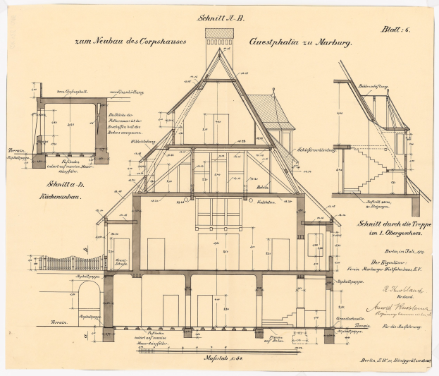Ein detaillierter architektonischer Entwurf eines Hauses mit vielen Fenstern und einem Dach, der als erstes Haus in Deutschland gilt, zusammen mit Text und strukturellen Plänen auf Papier.