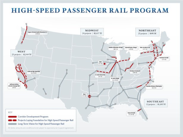Detailierte Landkarte des U.S.-Hochgeschwindigkeits-Personenverkehrsprogramms mit Routen, Sehenswürdigkeiten und erklärendem Text.