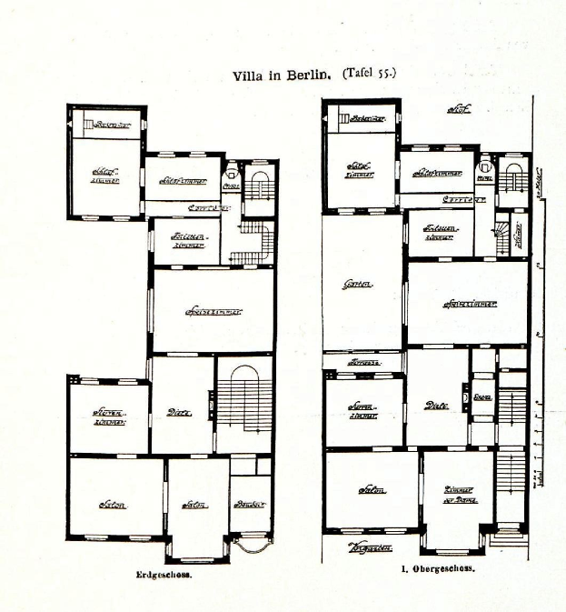 Schwarzes und weißes architectural drawing of a Berlin house floor plan with labeled room sizes, window, and door placements.