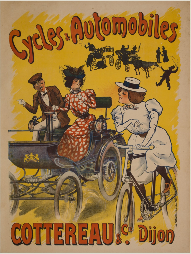 Plakat, das Fahrräder und Automobile in Cottereau und Dijon, Frankreich, zeigt, mit Menschen, die Fahrräder fahren und einer Kutsche mit "Fahrräder und Automobile" oben drauf.