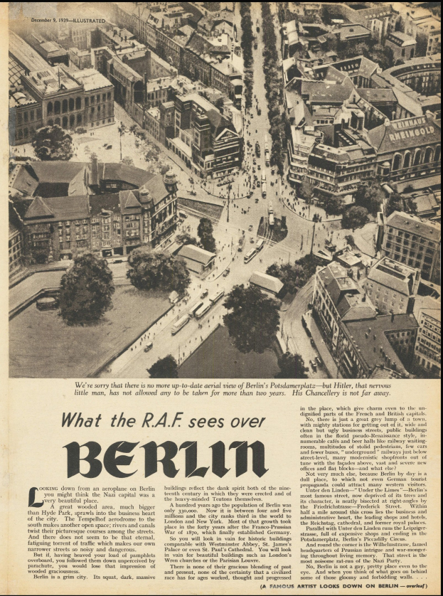 Schwarz-weißes Foto einer alten Zeitungsseite mit einer Stadtansicht, die Gebäude, Bäume und Fahrzeuge zeigt, begleitet von Text.