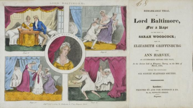 Illustration eines historischen Verhandlungsdokuments mit Porträts, Vorhängen und Text, der sich auf einen Fall bezieht, der Lord Baltimore, Sarah Woodcock und Elizabeth Griffinburg betrifft.