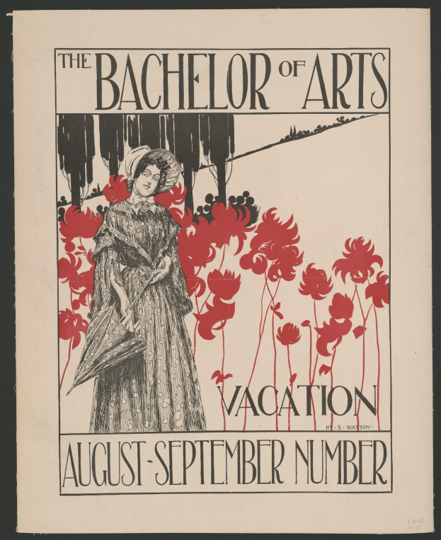 Plakat mit schwarzem Hintergrund, das eine Frau in einem weißen Kleid mit einer blauen Stola und einem weißen Hut zeigt, die in einem Feld gelber Blumen unter einem blauen Himmel steht, Text lautet 'The Bachelor of Arts Vacation August-September Number' in weißer Schrift mit goldenem Rahmen.