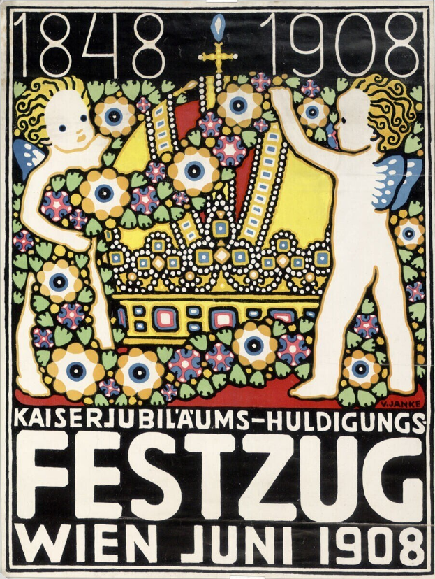 Festivalkunst in Wien, Österreich, mit einem Gemälde von zwei Kindern, die Arm in Arm nebeneinander stehen und Text mit Festivaldetails.