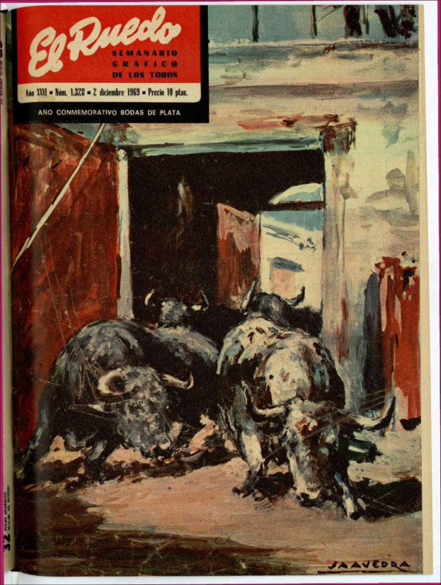 Buchumschlag mit einem Bild eines Stiers und anderer Tiere in einem Stall, mit einer Wand, einer Tür und Text öber dem Bild.