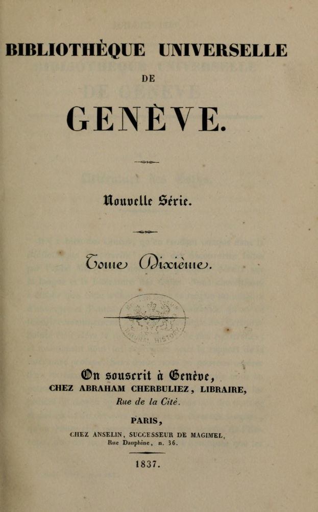 Altes Buch mit dem Titel 'Bibliothèque Universelle de Geneve' geöffnet und zeigt Text im Inneren.