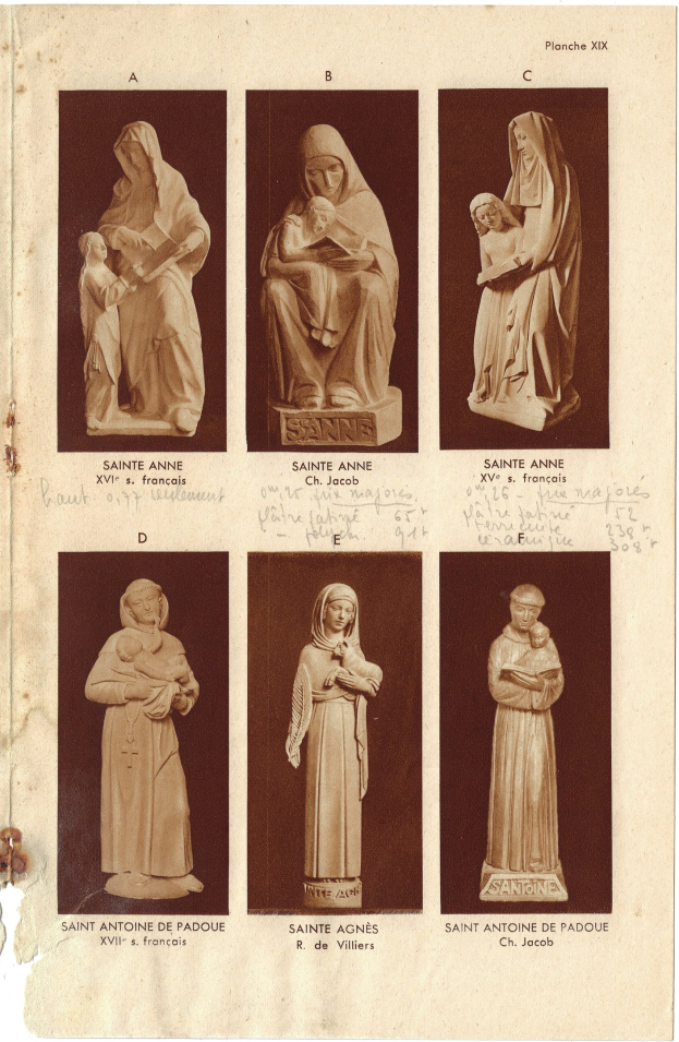 Collage aus Buchseite mit Statuen von Frauen mit menschlichen Gesichtern, jede begleitet von Text.