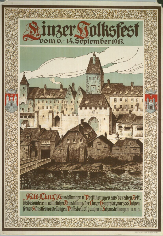 Alter deutscher Festivalplakat mit einer Burgen-Illustration umgeben von Häusern und deutschem Text.