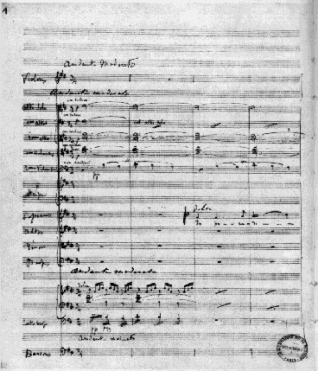 Schwarzes und weißes Notenblatt mit der Bezeichnung "Johann Sebastian Bach - Symphony No. 4 in G Major, Op. 63" und einem Stempel in der rechten unteren Ecke.