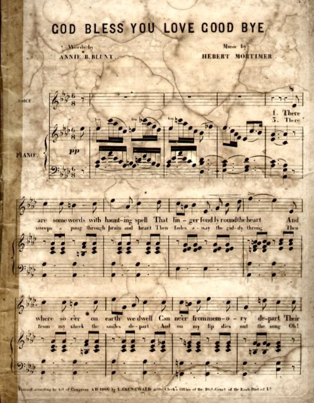 Notenblatt mit der Aufschrift "God Bless You Love Good Bye" mit Noten und Musiksymbolen auf altem Papier.