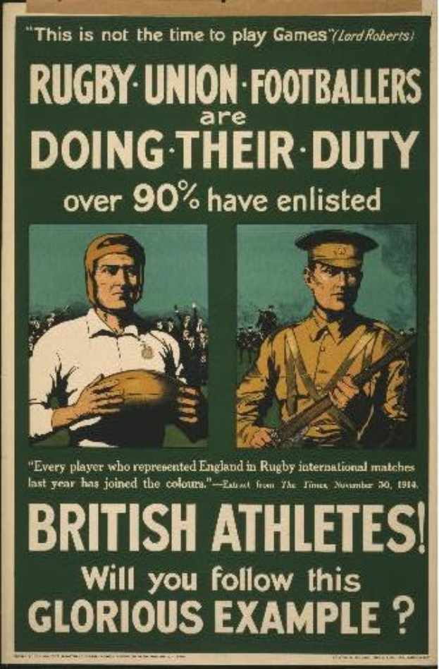 Britisches WWI-Recruiting-Plakat mit zwei Rugby-Union-Fussballern in Militäruniformen, mit Text zur Förderung der Athleteneinsatz.