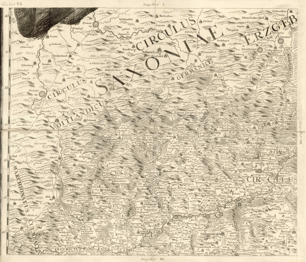 Alte Karte von Sachsen, Deutschland, zeigt geografische Merkmale wie Flüsse, Berge und Städte mit beschreibenden Textanmerkungen.