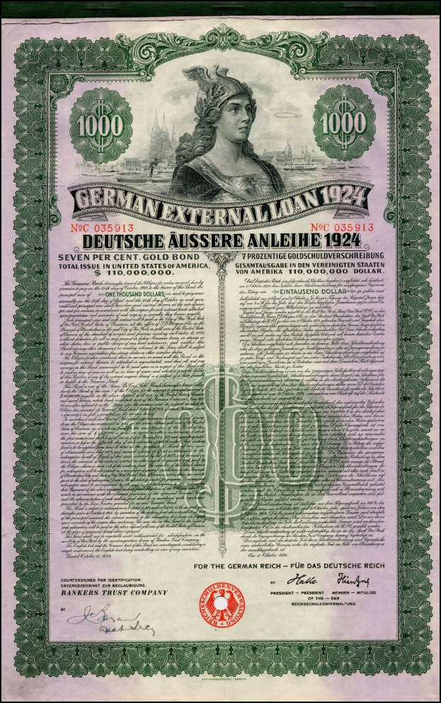 Deutsches Auslandsanleihe-Zertifikat aus dem Jahr 1924 mit einer Frauendarstellung, bedrucktem Text und numerischer Benennung.
