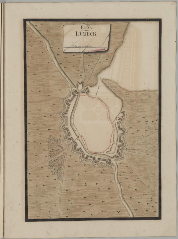Altes Buch mit detaillierter Karte von Lübeck, Deutschland, das Straßen, Gebäude und Sehenswürdigkeiten zeigt, begleitet von Texten über die Bevölkerung, Geschichte und Kultur der Stadt.